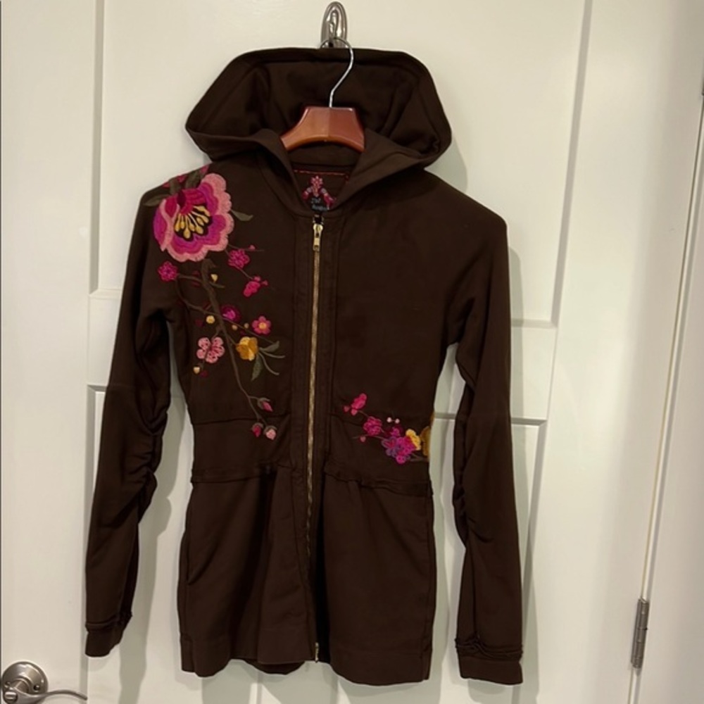 Johnny Was JW Los Angeles Embroidered Floral Full Zip Hoodie Jacket Womens SZ XS